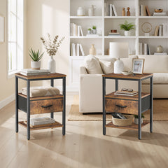 MyDepot Set of 2 Nightstand with Charging Station, Bedside Table with USB Ports, AC Outlets & Fabric Drawers, Modern End Table with Open Storage Shlef for Bedroom, Living Room, Apartment