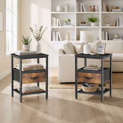 MyDepot Set of 2 Nightstand with Charging Station, Bedside Table with USB Ports, AC Outlets & Fabric Drawers, Modern End Table with Open Storage Shlef for Bedroom, Living Room, Apartment