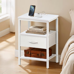 MyDepot Nightstand with Charging Station, Bedside Table with USB Ports, AC Outlets & Fabric Drawers, Modern End Table with Open Storage Shlef for Bedroom, Living Room, Apartment