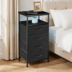 MyDepot Nightstand With Charging Station, Bedside End Table With 4 Fabric Drawers & USB/Type-C Ports And Outlets, Night Stand For Bedroom Furniture, Adjustable Feet And Variable Light Strip