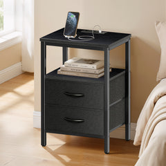 MyDepot Nightstand with Charging Station, Bedside Table with USB Ports, AC Outlets & Fabric Drawers, Modern End Table with Open Storage Shlef for Bedroom, Living Room, Apartment