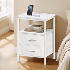 MyDepot Nightstand with Charging Station, Bedside Table with USB Ports, AC Outlets & Fabric Drawers, Modern End Table with Open Storage Shlef for Bedroom, Living Room, Apartment