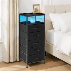 MyDepot Nightstand With Charging Station, Bedside End Table With 5 Fabric Drawers & USB/Type-C Ports And Outlets, Night Stand For Bedroom Furniture, Adjustable Feet And Variable Light Strip