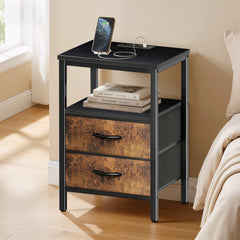 MyDepot Nightstand with Charging Station, Bedside Table with USB Ports, AC Outlets & Fabric Drawers, Modern End Table with Open Storage Shlef for Bedroom, Living Room, Apartment