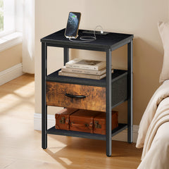 MyDepot Nightstand with Charging Station, Bedside Table with USB Ports, AC Outlets & Fabric Drawers, Modern End Table with Open Storage Shlef for Bedroom, Living Room, Apartment