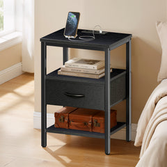 MyDepot Nightstand with Charging Station, Bedside Table with USB Ports, AC Outlets & Fabric Drawers, Modern End Table with Open Storage Shlef for Bedroom, Living Room, Apartment