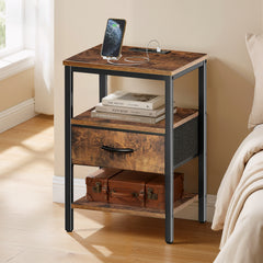 MyDepot Nightstand with Charging Station, Bedside Table with USB Ports, AC Outlets & Fabric Drawers, Modern End Table with Open Storage Shlef for Bedroom, Living Room, Apartment