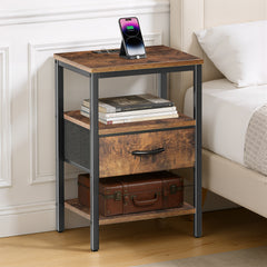 MyDepot Nightstand with Charging Station, Bedside Table with USB Ports, AC Outlets & Fabric Drawers, Modern End Table with Open Storage Shlef for Bedroom, Living Room, Apartment