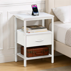 MyDepot Nightstand with Charging Station, Bedside Table with USB Ports, AC Outlets & Fabric Drawers, Modern End Table with Open Storage Shlef for Bedroom, Living Room, Apartment