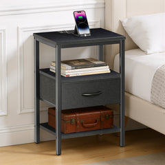 MyDepot Nightstand with Charging Station, Bedside Table with USB Ports, AC Outlets & Fabric Drawers, Modern End Table with Open Storage Shlef for Bedroom, Living Room, Apartment