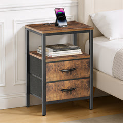 MyDepot Nightstand with Charging Station, Bedside Table with USB Ports, AC Outlets & Fabric Drawers, Modern End Table with Open Storage Shlef for Bedroom, Living Room, Apartment
