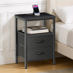 MyDepot Nightstand with Charging Station, Bedside Table with USB Ports, AC Outlets & Fabric Drawers, Modern End Table with Open Storage Shlef for Bedroom, Living Room, Apartment