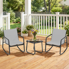 MyDepot 3-Piece Outdoor Rocking Set, Outdoor Furniture Set with Textilene Chairs & Glass-Top Table, Conversation Set of 3 for Porch, Lawn, Garden, Yard, Balcony, Poolside