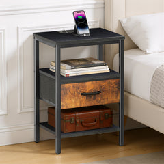 MyDepot Nightstand with Charging Station, Bedside Table with USB Ports, AC Outlets & Fabric Drawers, Modern End Table with Open Storage Shlef for Bedroom, Living Room, Apartment