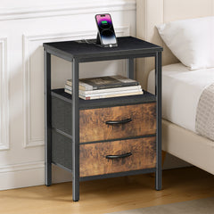 MyDepot Nightstand with Charging Station, Bedside Table with USB Ports, AC Outlets & Fabric Drawers, Modern End Table with Open Storage Shlef for Bedroom, Living Room, Apartment