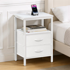 MyDepot Nightstand with Charging Station, Bedside Table with USB Ports, AC Outlets & Fabric Drawers, Modern End Table with Open Storage Shlef for Bedroom, Living Room, Apartment