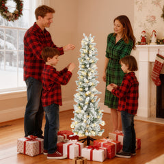 Mydepot Snow Flocked Pencil Christmas Tree, Prelighted Artificial Slim Christmas Trees for Home Office