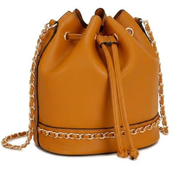 Rosvovo Leather Bucket Bag - Elegant Orange Drawstring Crossbody Purse for Women with Gold Chain Strap
