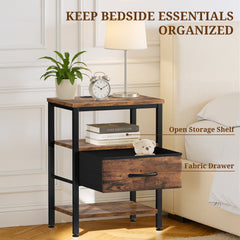 MyDepot Nightstand with Charging Station, Bedside Table with USB Ports, AC Outlets & Fabric Drawers, Modern End Table with Open Storage Shlef for Bedroom, Living Room, Apartment