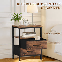 MyDepot Nightstand with Charging Station, Bedside Table with USB Ports, AC Outlets & Fabric Drawers, Modern End Table with Open Storage Shlef for Bedroom, Living Room, Apartment