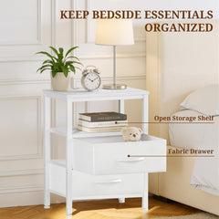 MyDepot Nightstand with Charging Station, Bedside Table with USB Ports, AC Outlets & Fabric Drawers, Modern End Table with Open Storage Shlef for Bedroom, Living Room, Apartment