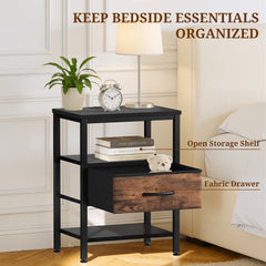 MyDepot Nightstand with Charging Station, Bedside Table with USB Ports, AC Outlets & Fabric Drawers, Modern End Table with Open Storage Shlef for Bedroom, Living Room, Apartment