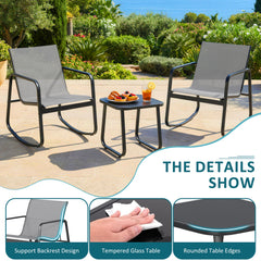 MyDepot 3-Piece Outdoor Rocking Set, Outdoor Furniture Set with Textilene Chairs & Glass-Top Table, Conversation Set of 3 for Porch, Lawn, Garden, Yard, Balcony, Poolside
