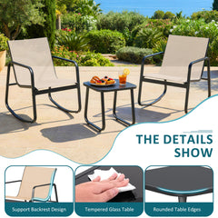 MyDepot 3-Piece Outdoor Rocking Set, Outdoor Furniture Set with Textilene Chairs & Glass-Top Table, Conversation Set of 3 for Porch, Lawn, Garden, Yard, Balcony, Poolside