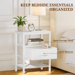 MyDepot Nightstand with Charging Station, Bedside Table with USB Ports, AC Outlets & Fabric Drawers, Modern End Table with Open Storage Shlef for Bedroom, Living Room, Apartment