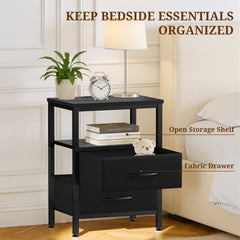 MyDepot Nightstand with Charging Station, Bedside Table with USB Ports, AC Outlets & Fabric Drawers, Modern End Table with Open Storage Shlef for Bedroom, Living Room, Apartment