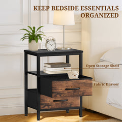 MyDepot Nightstand with Charging Station, Bedside Table with USB Ports, AC Outlets & Fabric Drawers, Modern End Table with Open Storage Shlef for Bedroom, Living Room, Apartment