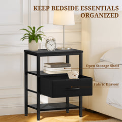 MyDepot Nightstand with Charging Station, Bedside Table with USB Ports, AC Outlets & Fabric Drawers, Modern End Table with Open Storage Shlef for Bedroom, Living Room, Apartment