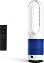 MyDepot 22" Bladeless Tower Fan with Built-in Air Filter, 80° Oscillating Quiet Fan for Bedroom, 8 Speeds, 8H Timer, Remote Control, LED Display, Easy to Clean, Home & Office, Blue/White