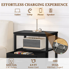 MyDepot Nightstand with Charging Station, Bedside Table with USB Ports, AC Outlets & Fabric Drawers, Modern End Table with Open Storage Shlef for Bedroom, Living Room, Apartment