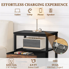 MyDepot Nightstand with Charging Station, Bedside Table with USB Ports, AC Outlets & Fabric Drawers, Modern End Table with Open Storage Shlef for Bedroom, Living Room, Apartment