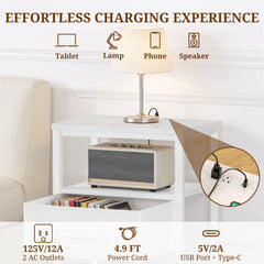 MyDepot Nightstand with Charging Station, Bedside Table with USB Ports, AC Outlets & Fabric Drawers, Modern End Table with Open Storage Shlef for Bedroom, Living Room, Apartment