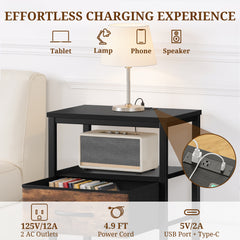 MyDepot Nightstand with Charging Station, Bedside Table with USB Ports, AC Outlets & Fabric Drawers, Modern End Table with Open Storage Shlef for Bedroom, Living Room, Apartment
