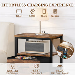 MyDepot Nightstand with Charging Station, Bedside Table with USB Ports, AC Outlets & Fabric Drawers, Modern End Table with Open Storage Shlef for Bedroom, Living Room, Apartment