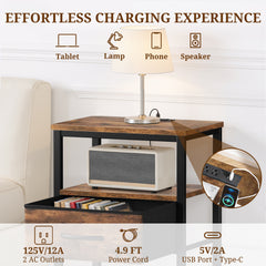 MyDepot Nightstand with Charging Station, Bedside Table with USB Ports, AC Outlets & Fabric Drawers, Modern End Table with Open Storage Shlef for Bedroom, Living Room, Apartment