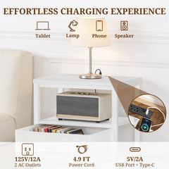 MyDepot Nightstand with Charging Station, Bedside Table with USB Ports, AC Outlets & Fabric Drawers, Modern End Table with Open Storage Shlef for Bedroom, Living Room, Apartment