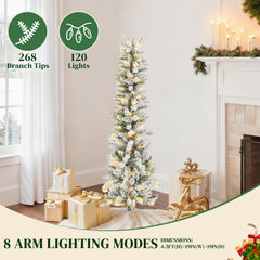 Mydepot Snow Flocked Pencil Christmas Tree, Prelighted Artificial Slim Christmas Trees for Home Office
