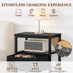 MyDepot Nightstand with Charging Station, Bedside Table with USB Ports, AC Outlets & Fabric Drawers, Modern End Table with Open Storage Shlef for Bedroom, Living Room, Apartment