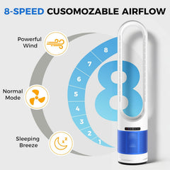 MyDepot 41" Bladeless Tower Fan with Built-in Air Filter, 80°Oscillating Quiet Fan for Bedroom, 8 Speeds, 8H Timer, Remote Control, LED Display, Easy to Clean, Home & Office