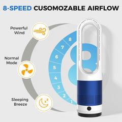 MyDepot 22" Bladeless Tower Fan with Built-in Air Filter, 80° Oscillating Quiet Fan for Bedroom, 8 Speeds, 8H Timer, Remote Control, LED Display, Easy to Clean, Home & Office, Blue/White