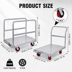 My Depot 2-in-1 Steel Panel Truck Cart 2500 lbs, Heavy-Duty Flatbed Cart Drywall Dolly w/5 inch Swivel Casters, 36x24'' Platform Truck Lumber Cart w/3 Side Handrails for Factory, Warehouse, Garage