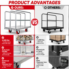 My Depot 2-in-1 Steel Panel Truck Cart 2500 lbs, Heavy-Duty Flatbed Cart Drywall Dolly w/5 inch Swivel Casters, 36x24'' Platform Truck Lumber Cart w/3 Side Handrails for Factory, Warehouse, Garage