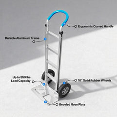 My Depot Heavy Duty Aluminum Hand Truck – 550 lbs Capacity, Ergonomic Curved Handle, 10" Solid Rubber Wheels, Beveled Nose Plate for Easy Loading & Transport