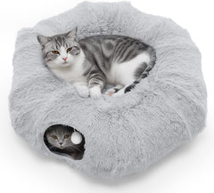 MyDepot Cat Tunnel Bed for Indoor Cats Cave Donut Play Tunnel with Soft Plush Peekaboo, Circle Cushion, Washable Multifunctional Playground Under Tree Pet Toys for Kittens, Puppy Rabbit, Ferret