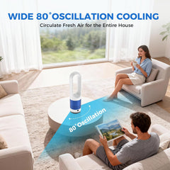 MyDepot 22" Bladeless Tower Fan with Built-in Air Filter, 80° Oscillating Quiet Fan for Bedroom, 8 Speeds, 8H Timer, Remote Control, LED Display, Easy to Clean, Home & Office, Blue/White