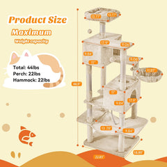 MyDepot 66 Inch Cat Tree Tower, Multi Level Cat Climbing Tower with Natural Sisal Scratching Posts, Hammock, Pet Condo for Indoor Cats and Kittens Play